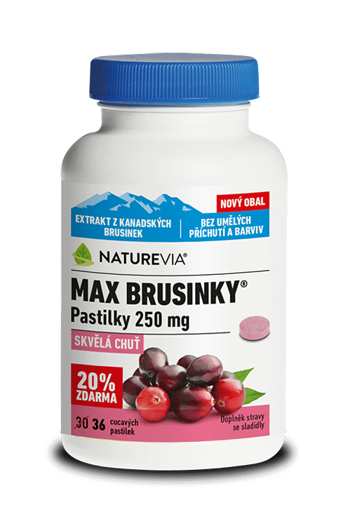 vyr_22Maxbrusnice-Pastilky_mockup NATUREVIA MAX BRUSNICE 250mg – CMÚĽACIE PASTILKY / 30+6 pas ora